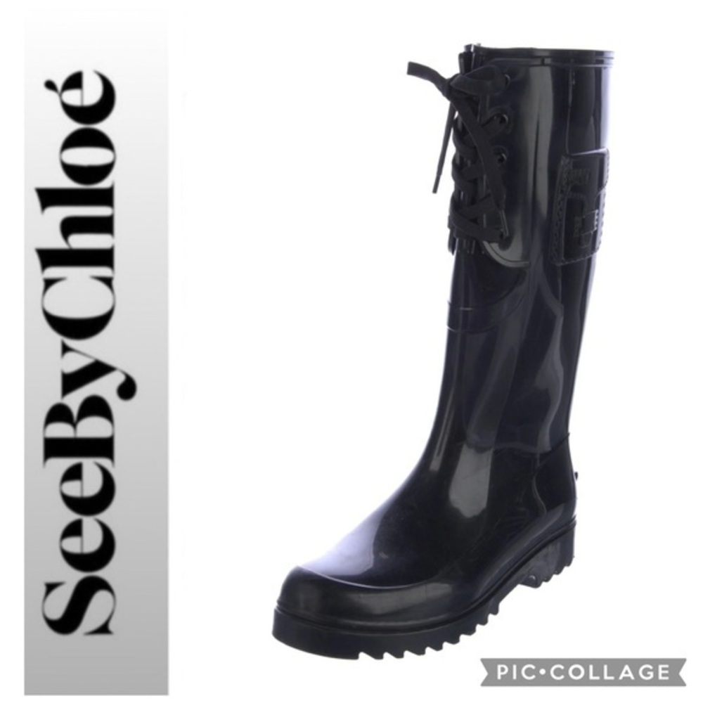 See by Chloe Lace Wellington Black Rain Boots Sz 5
